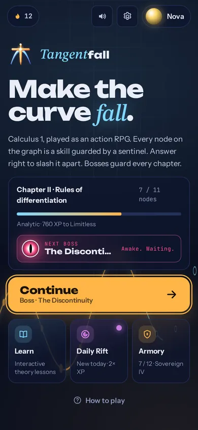 The Tangentfall home screen: Make the curve fall, with progress and the next boss